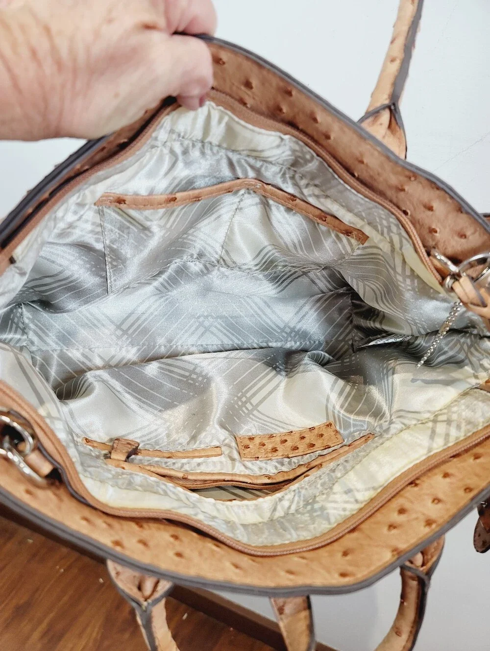 London Fog Faux Ostrich Satchel Purse in Camel Tan